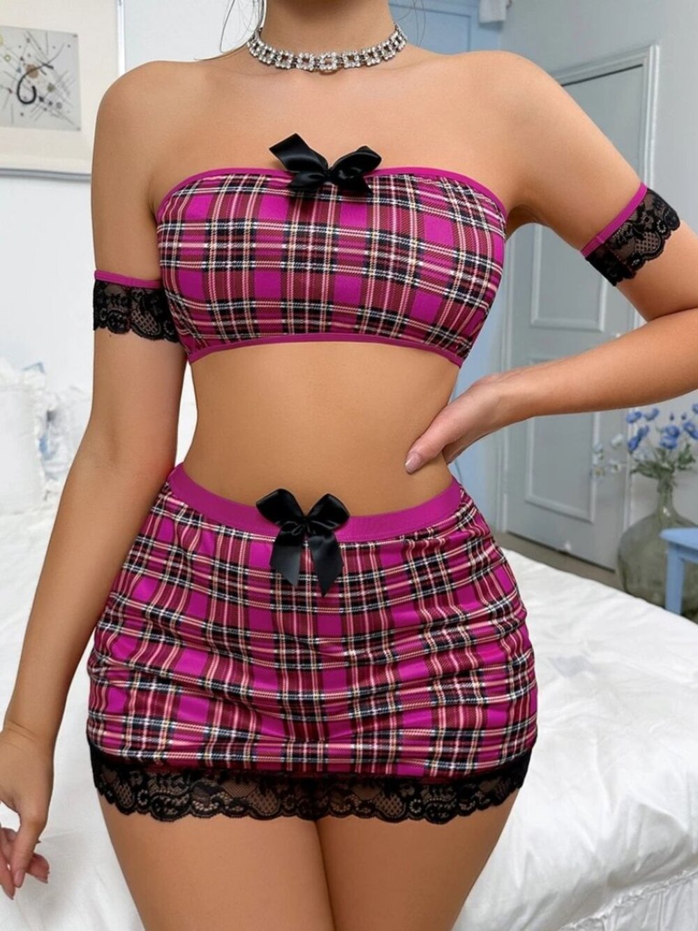 Women Sexy Tempting Hot Short Skirt Bustier Set Babydoll Lingerie Tops Skirt Set - Picture 9 of 9